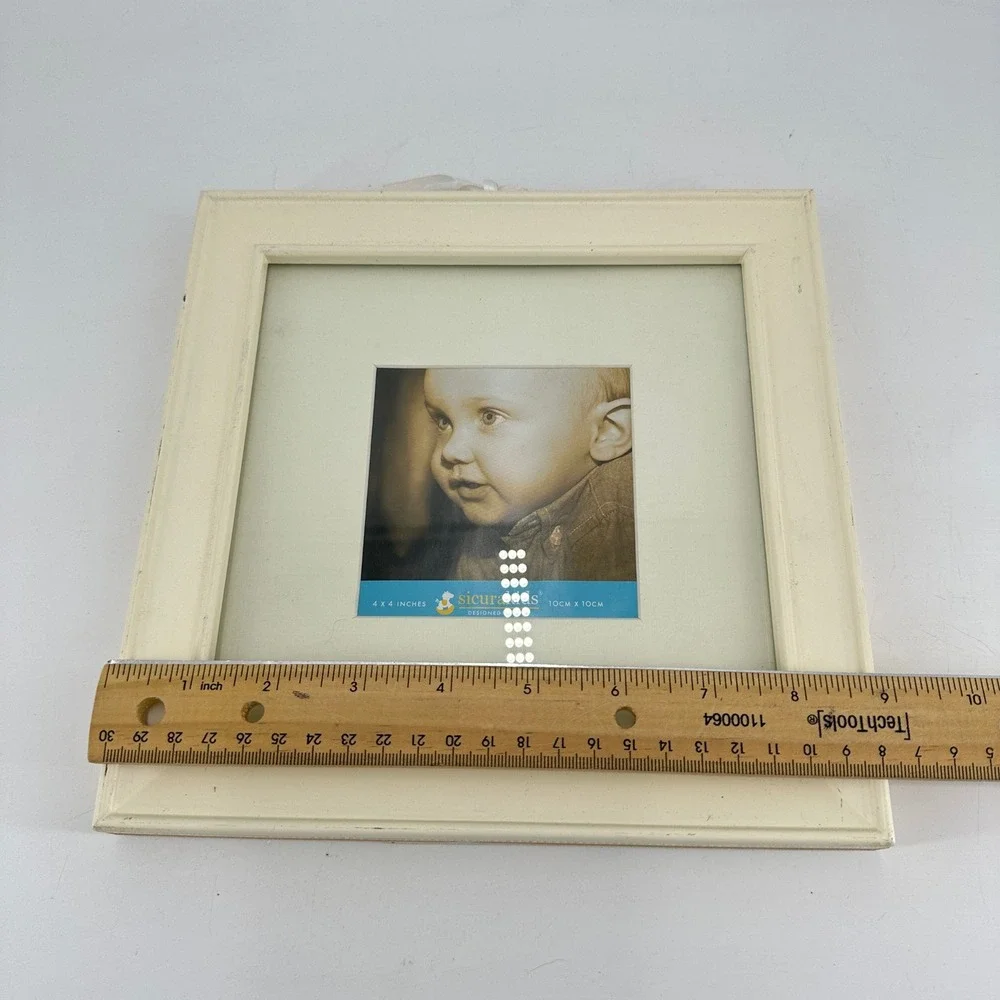 SicuraKids Italian Design Cream Wooden 4x4 Square Picture Frame with Ribbon